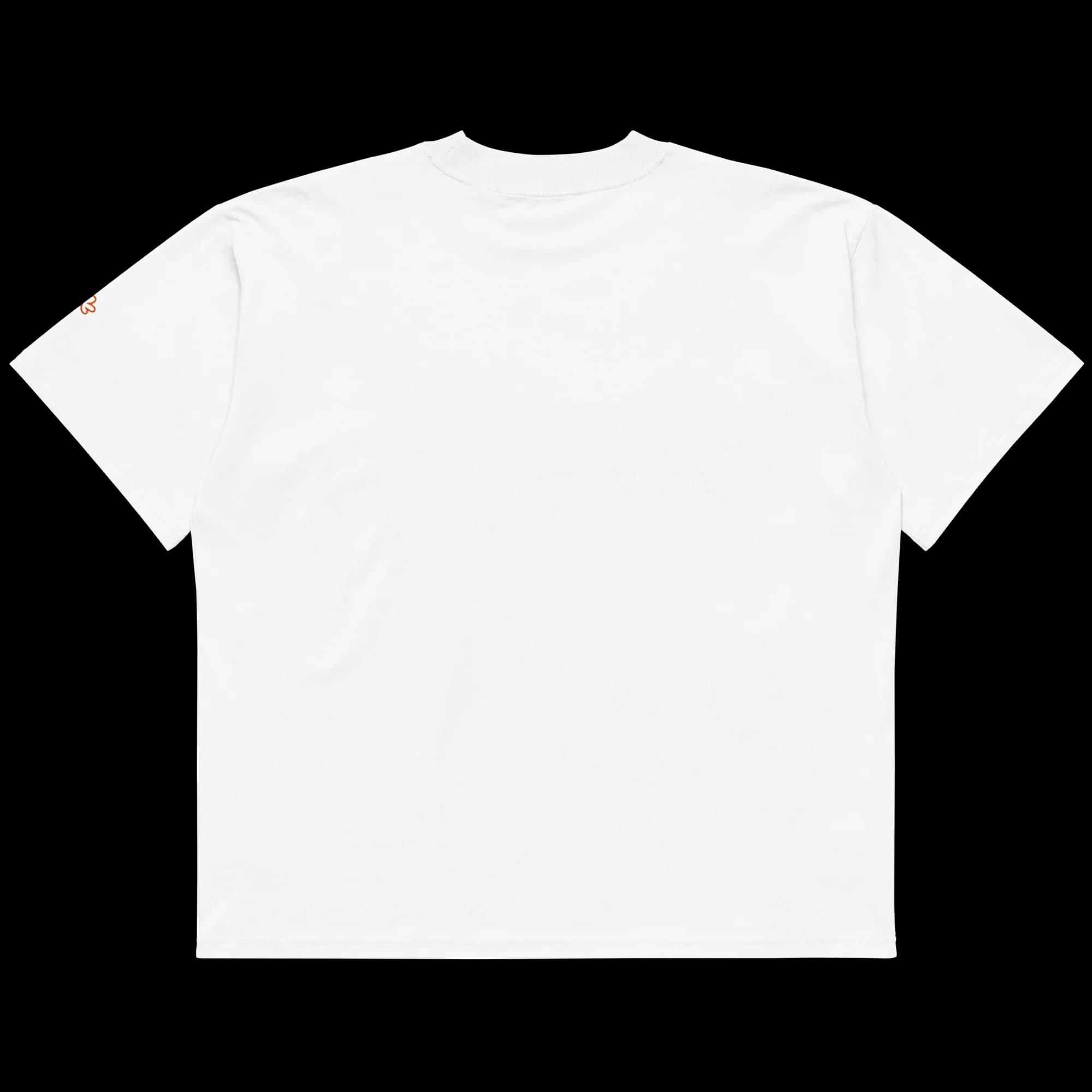 Small flower embroidery on left sleeve of white Art, I Guess tee
