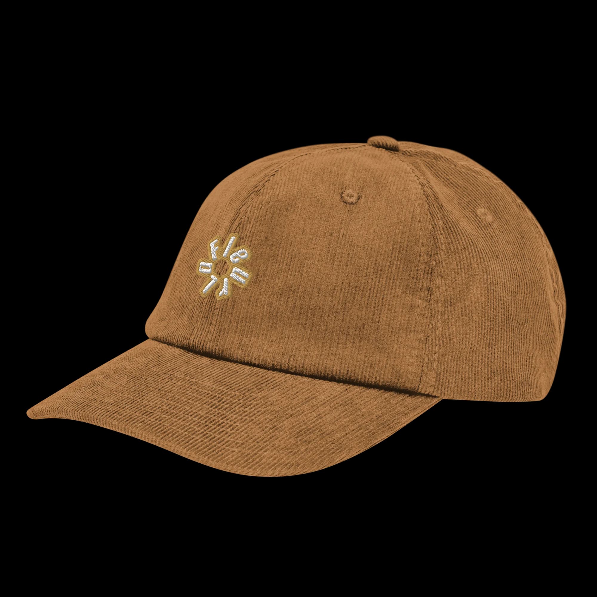 Close-up of white-gold LaFleur logo on camel corduroy