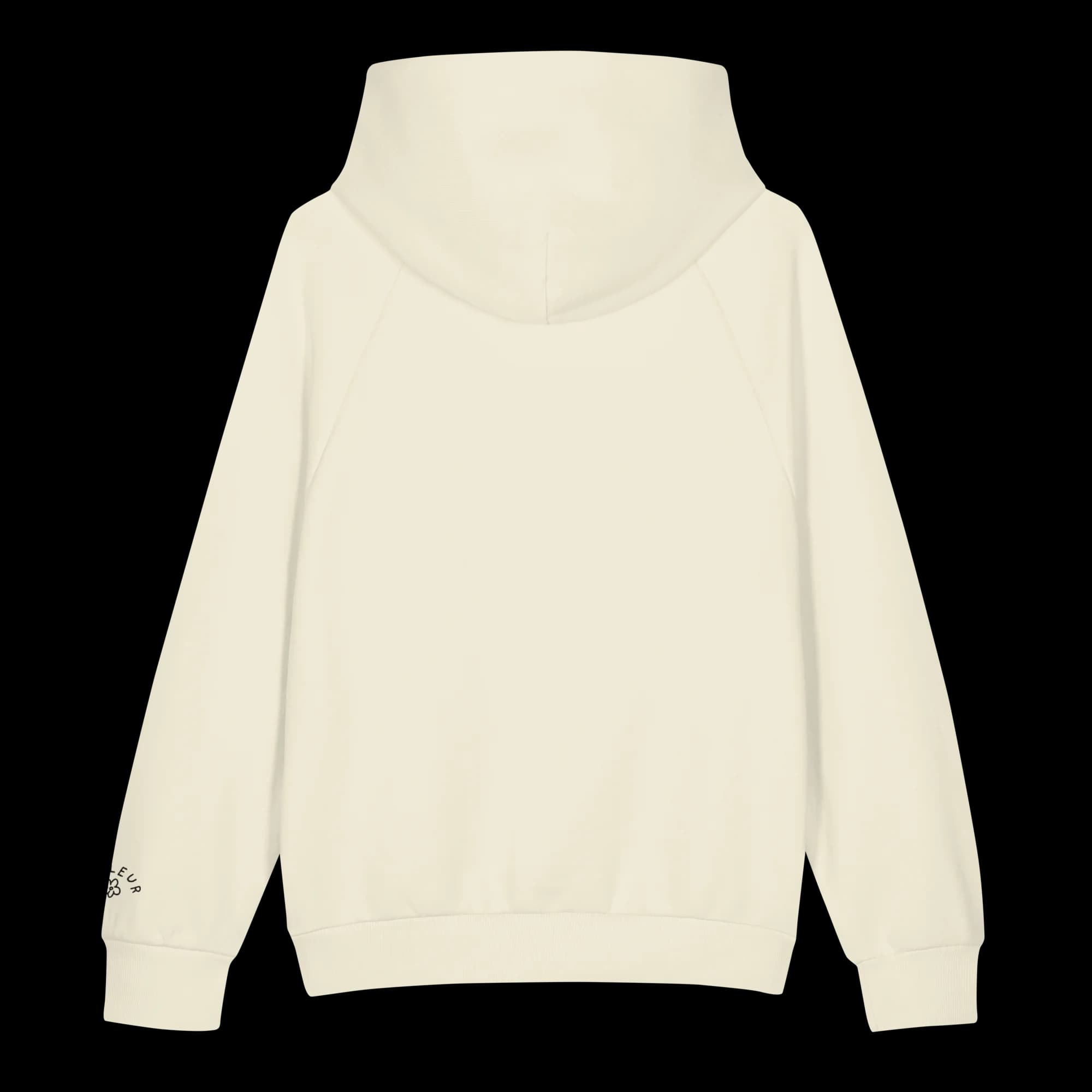 Close-up of black Art, I Guess embroidery on cream heavyweight hoodie