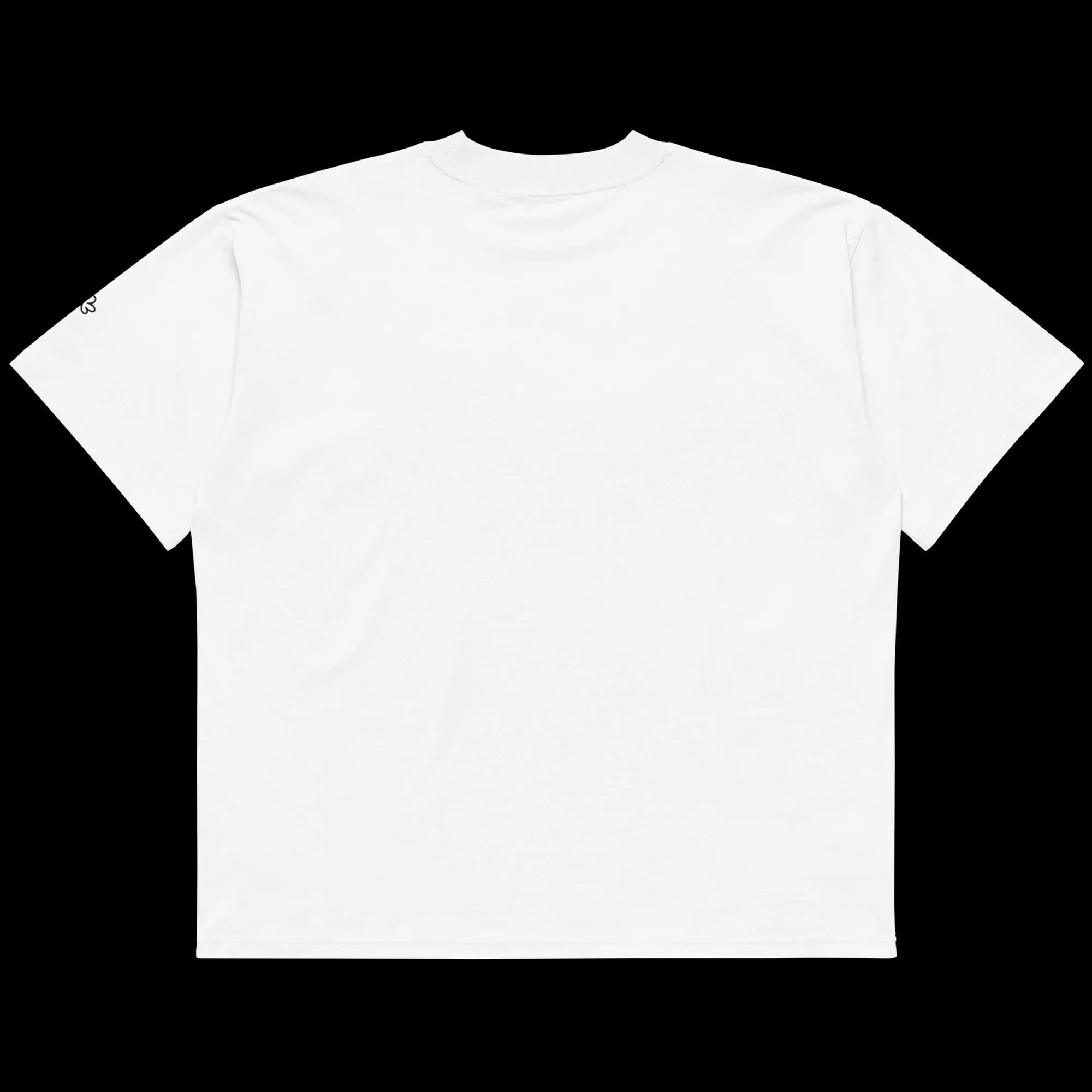 Flower embroidery on left sleeve of white Art, I Guess t-shirt