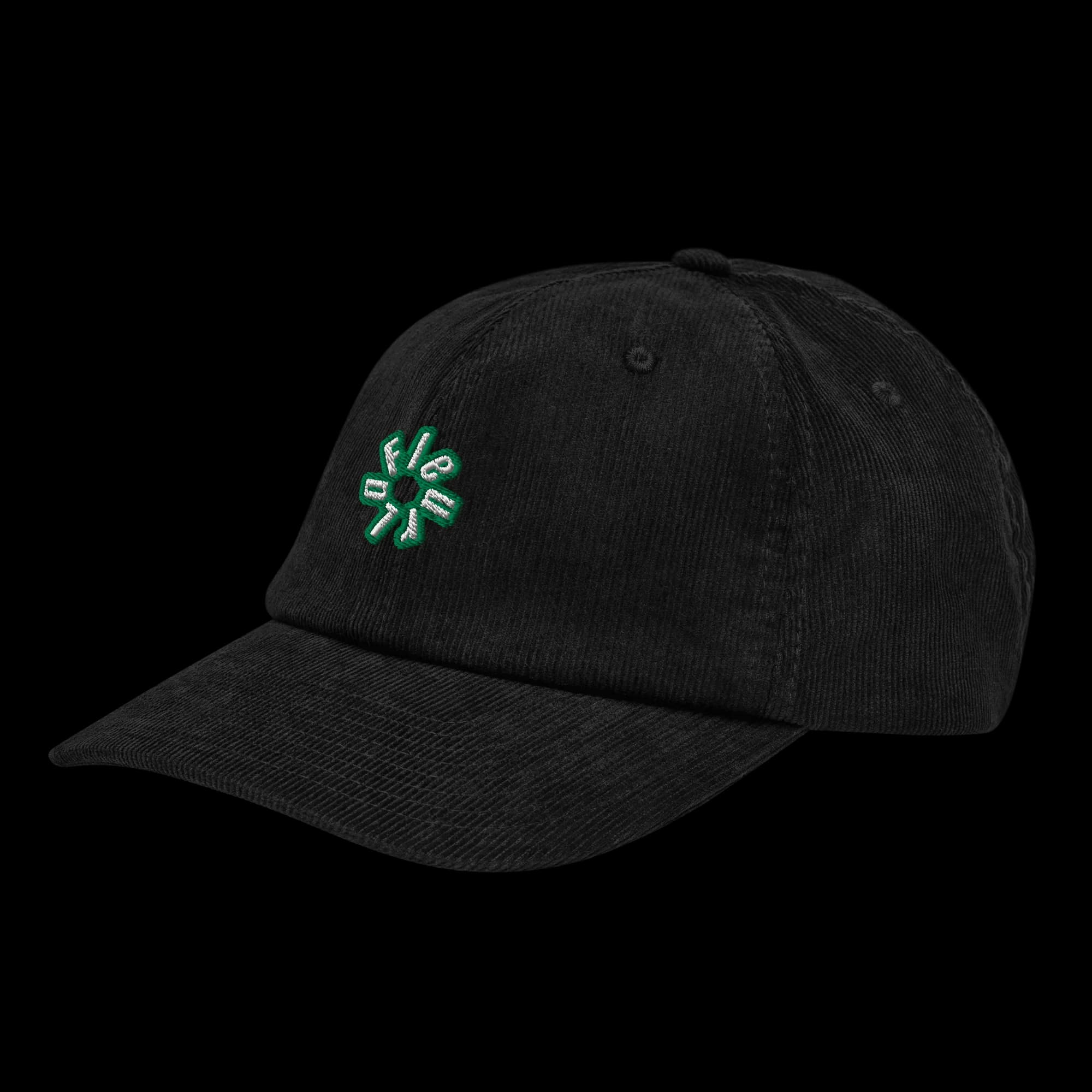 Green LaFleur circular logo on black corduroy