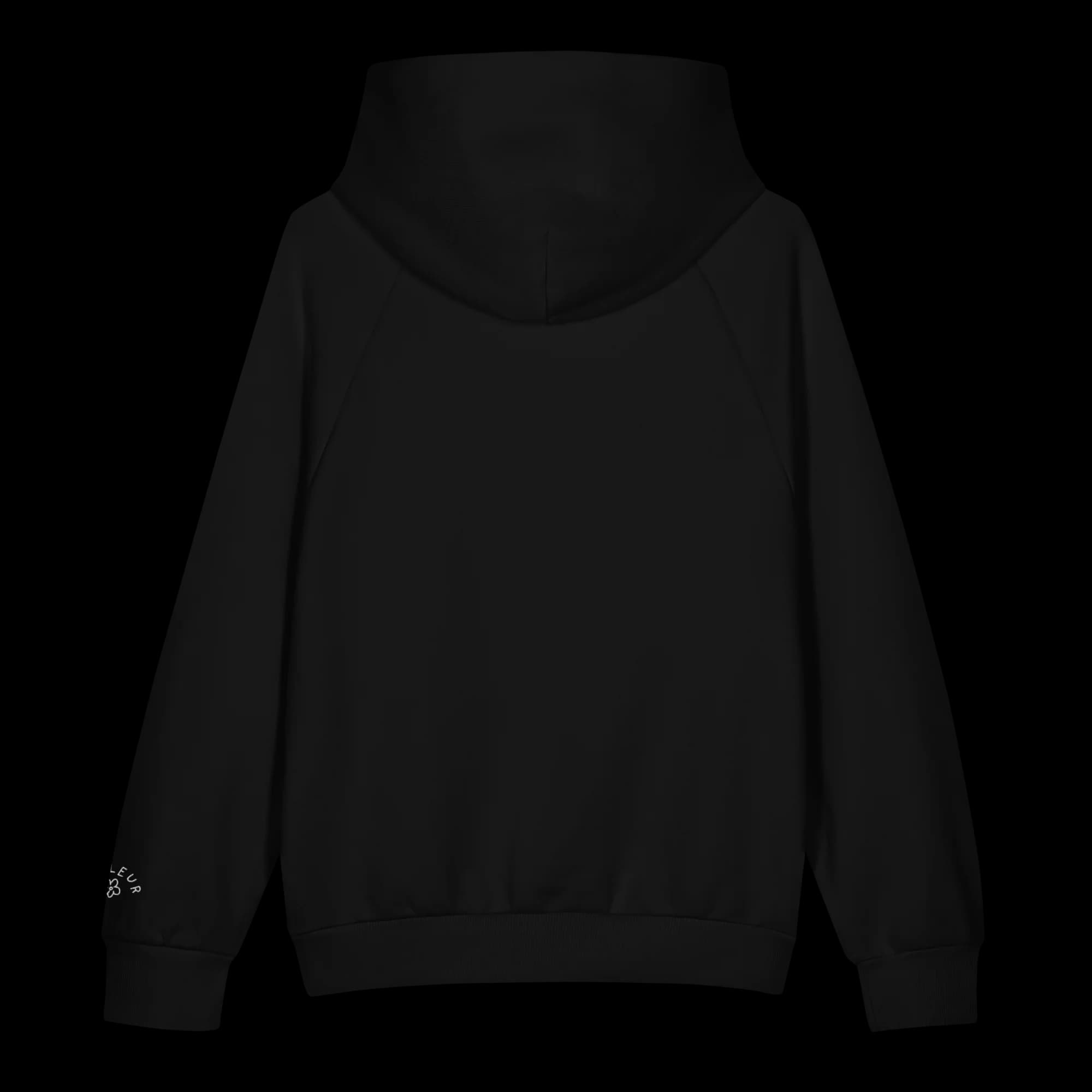 Close-up of white Art, I Guess embroidery on black heavyweight hoodie