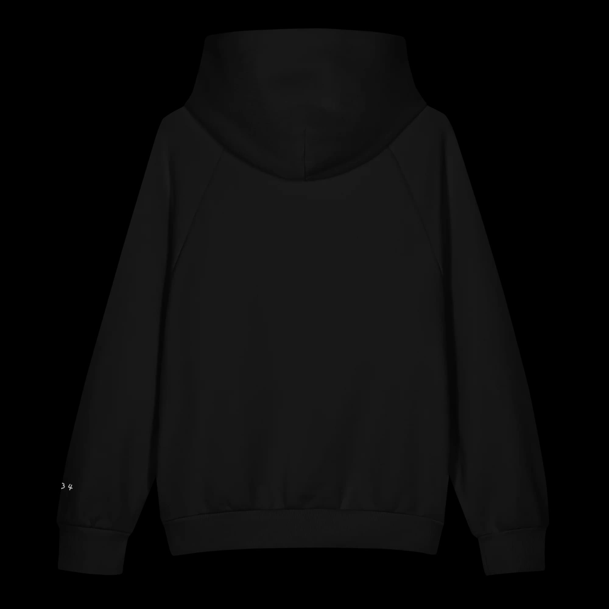 Close-up of embroidered flower detail on Origen black hoodie