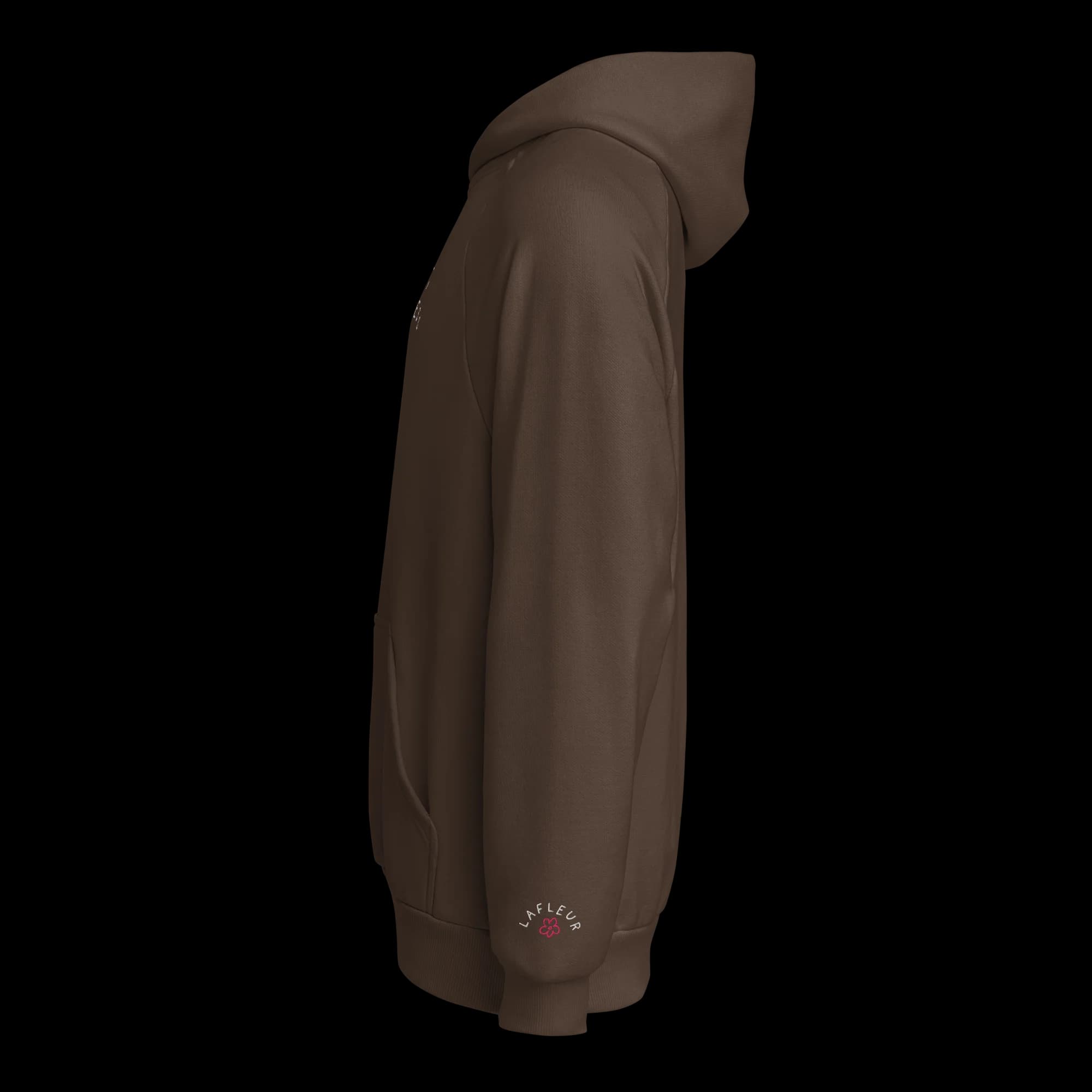 White and pink LaFleur logo on left sleeve, chestnut hoodie