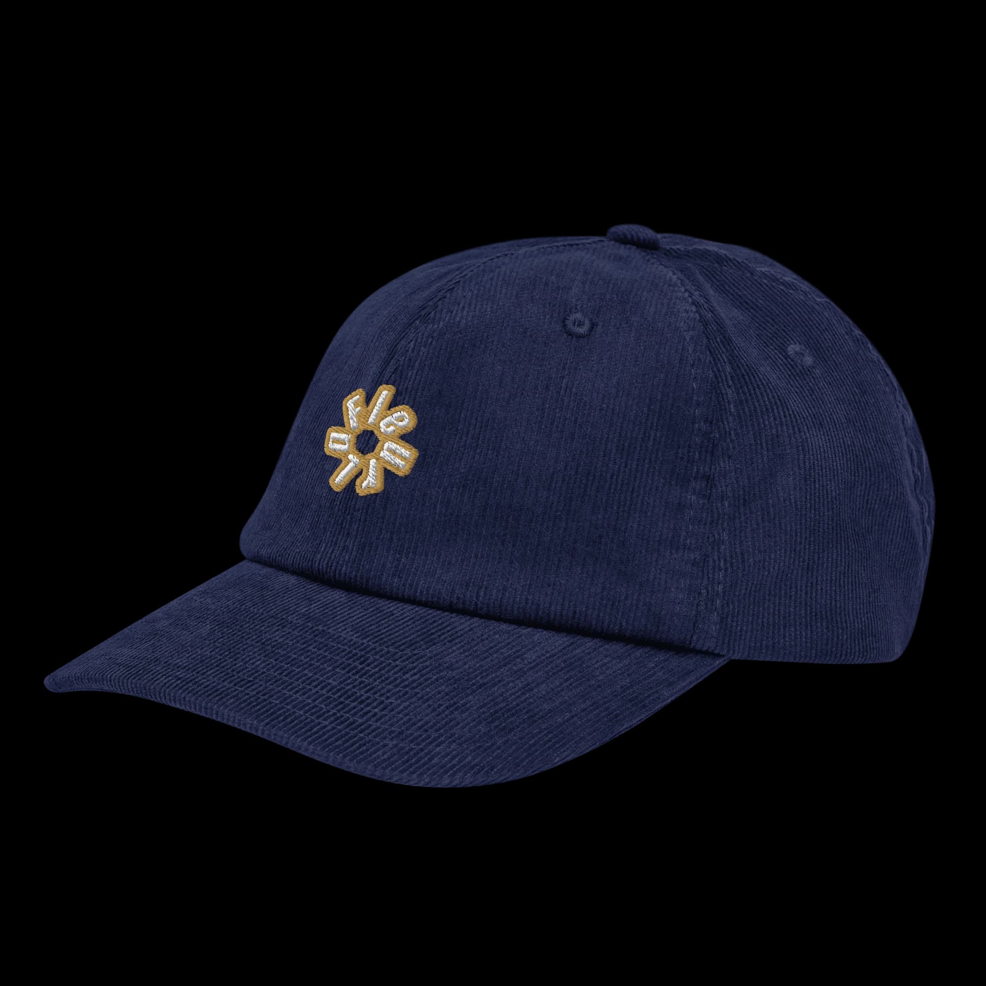 White and gold embroidered logo on navy corduroy