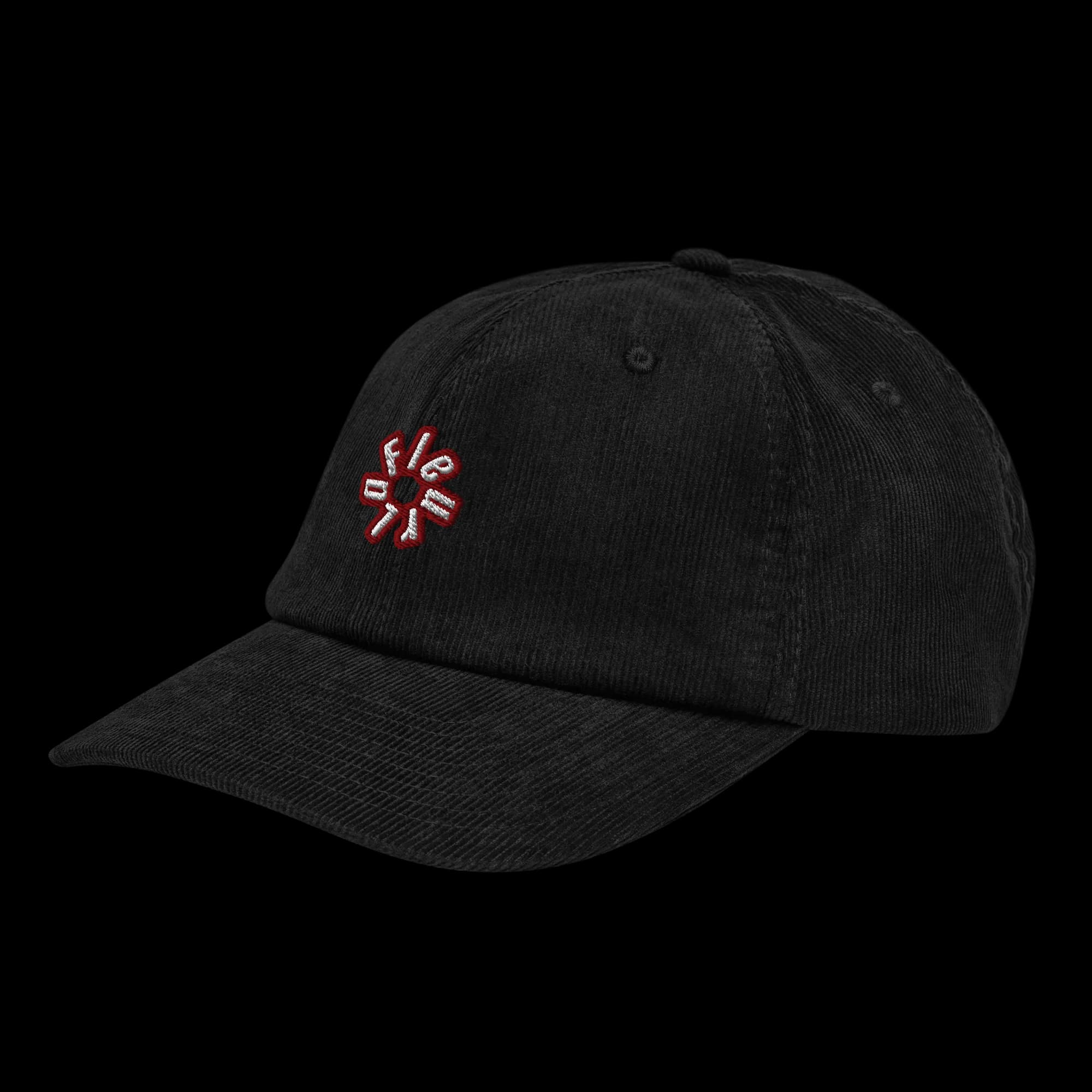 Side profile of black corduroy dad cap, red Original logo