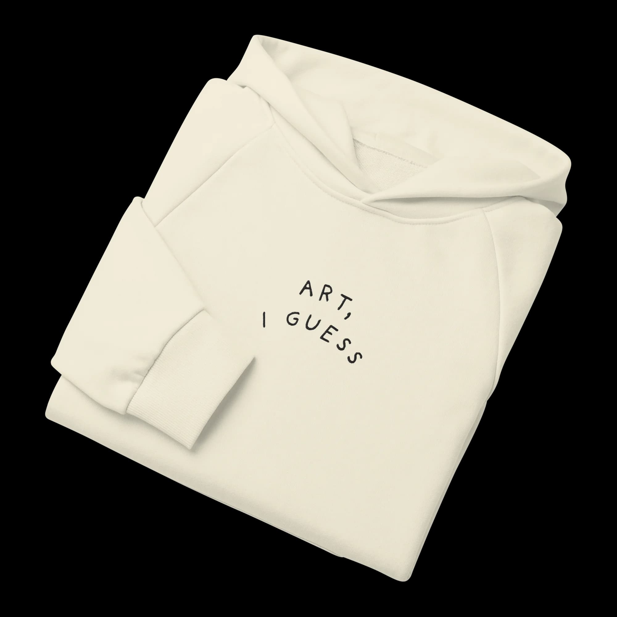 Black LaFleur logo embroidered on left sleeve of cream Art, I Guess hoodie